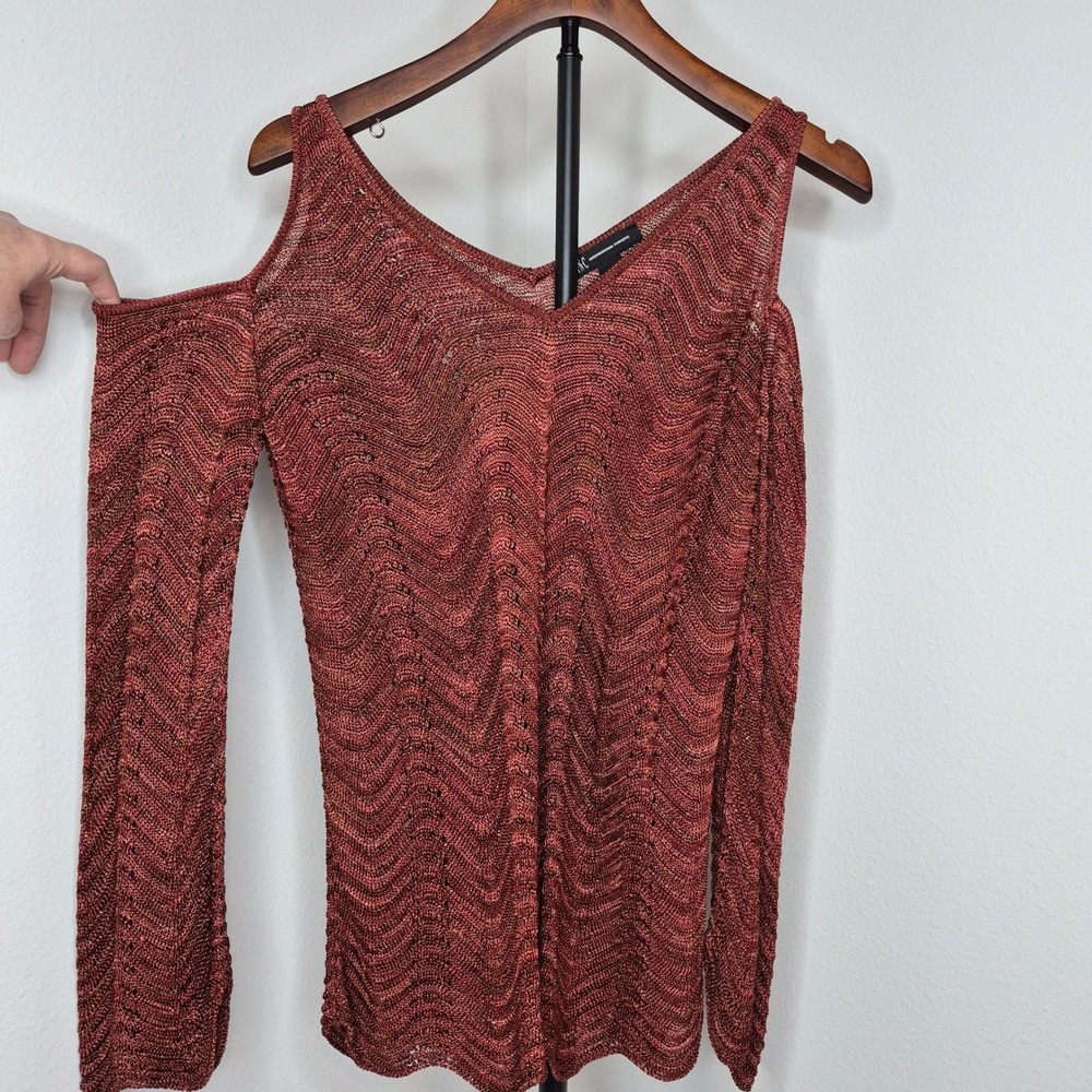 INC Rust Metallic Cold Shoulder Crochet Chevron Top Large Bohemian Hippie Y2K